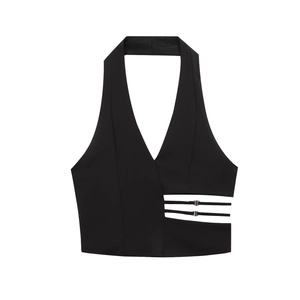 Dames Zwarte Halterneck Crop Top V-Hals Kruiselingse Zijwaartse Uitsnijding Met Metalen Gespen Sexy Party Vest