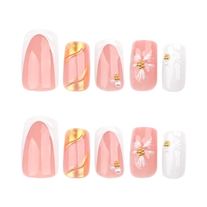 3D sunflower white French press-on nails with gold beads and pearl accents on pink base