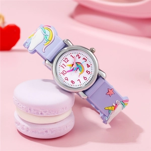 Cute children's unicorn watch with purple 3D silicone strap and analog dial display