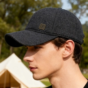 Men's dark grey wool baseball cap with ear flaps and metal badge for winter outdoor