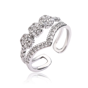 Elegant silver-tone double-layered open ring with zircon flower and wave design