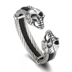 Skull Head Bracelet Stainless Steel And Cowhide Leather Woven Punk Gothic Jewelry Vintage Cuff For Men