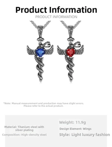 Macro shot of silver plated stainless steel sword pendants with red and blue heart gems