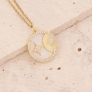18K gold plated necklace featuring a sun and star mother of pearl round pendant