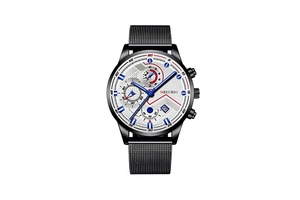 Detail of chronograph dial with red and blue accents and black mesh metal strap