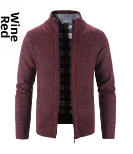 Detail of wine red zip cardigan with warm tartan fleece lining and ribbed collar