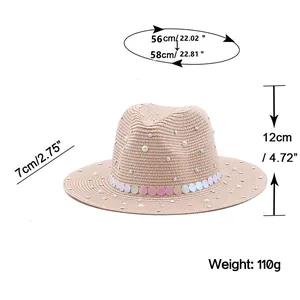 Detailed size chart for beige straw Panama hat with pearl and sequin embellishments