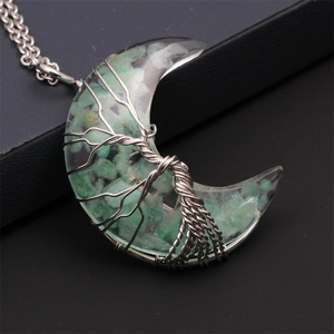 Silver crescent moon tree of life necklace with green gravel stones in resin