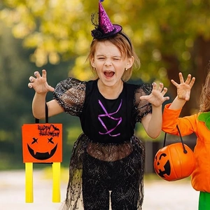 Kids Halloween costume set with purple sequin wizard hat and orange pumpkin felt bag