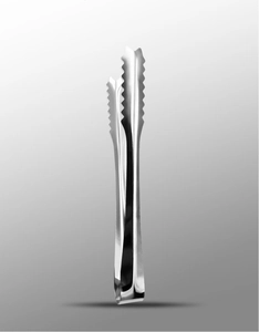 Detailed close-up of polished stainless steel ice tongs with serrated teeth for secure grip