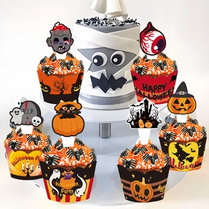 Halloween cupcake decoration kit with mummy toppers, scary wrappers and spooky party props
