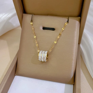 Cylinder Pendant Necklace Titanium Steel With Rhinestones Gold Plated Minimalist Choker For Women Fashion Jewelry