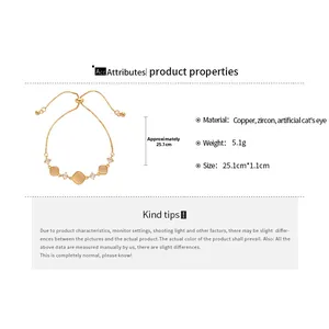 Détails du bracelet ajustable en pierre œil-de-chat avec dimensions et plaquage en cuivre doré