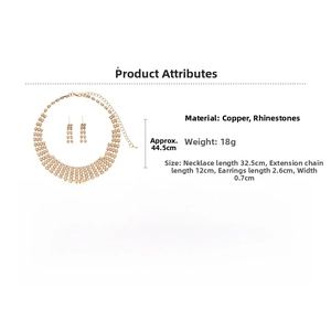 Detail of rhinestone jewelry set showing choker dimensions and stud earring size specifications