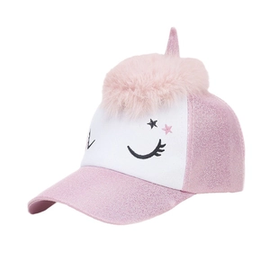 Pink unicorn baseball cap for kids with glitter brim and fluffy pom-pom detail