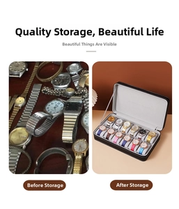 Comparison showing messy pile versus 12-slot leather watch box organizer with pillows