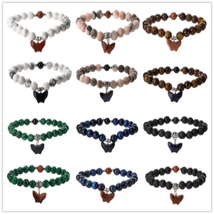 Butterfly Charm Beaded Bracelet Natural Stone Tiger Eye Turquoise Lava Rock Elastic Healing Energy Unisex Jewelry Gift