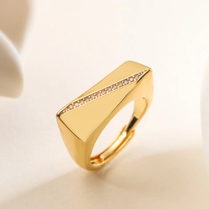 Minimalist 18K gold plated copper ring with rectangle face and diagonal zircon accents