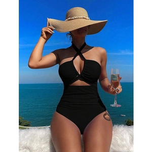 Costume Da Bagno Donna Nylon Allacciato Al Collo Incrociato Cut Out Arricciato Schiena Scoperta Sexy