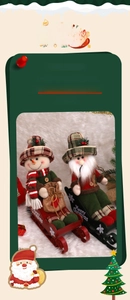 Detailed view of plush Santa and Snowman figures on metal Merry Christmas sleds