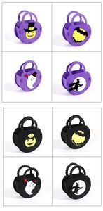 Macro detail of Halloween felt candy bags featuring pumpkin, bat, and ghost motifs