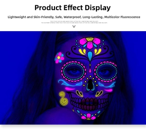 Detail showing fluorescent Day of the Dead floral face tattoo with neon glow effect