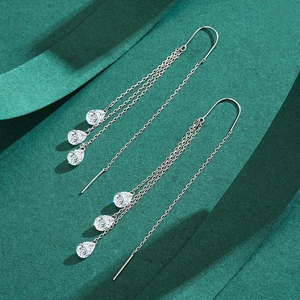 Elegant S925 sterling silver tassel earrings with three water-drop zircon pendants