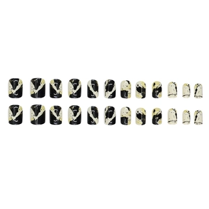 Black and white marble press-on nails with gold glitter, short square 24pcs set