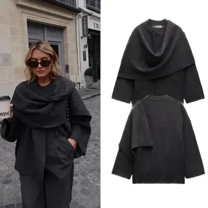 Asymmetrical dark grey scarf collar knitted jacket with wool texture for minimalist style