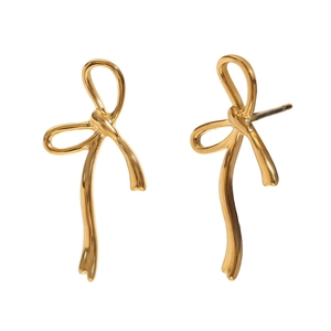 Elegant 18K gold plated stainless steel bow ribbon stud earrings for women in gold
