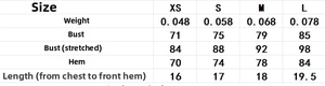 Detailed size chart for sexy 3D flower lace-up crop top with measurements in XS to L