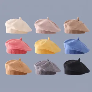 Knitted Beret Hat For Baby Boys Girls Soft Warm Cotton Blend Artist Style Retro Winter Autumn Beanie Cap Candy Colors