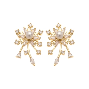 Elegant gold flower stud earrings with central pearl and sparkling zircon crystals