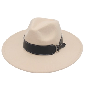 Classic beige fedora wool hat featuring a black leather band and silver metal buckle
