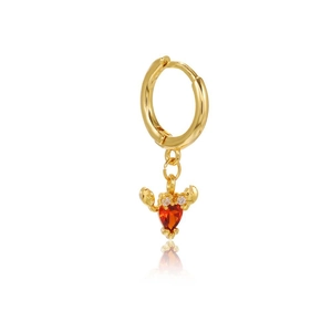 Detail of 18K gold hoop earring with lobster pendant and red heart-shaped zircon