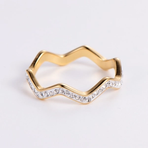 Wave Stainless Steel Ring For Women Minimalist 18K Gold Plated Rhinestone Pave Zircon Elegant Finger Jewelry