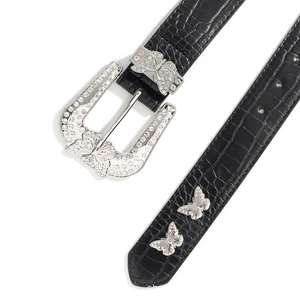 Black crocodile pattern belt featuring a vintage silver rhinestone butterfly buckle