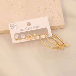 Three-pair set of gold stainless steel earrings with rhinestones, anchors, and flower charms
