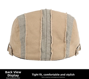 Back view of a color-block flat cap with raw edge stitching and adjustable metal buckle