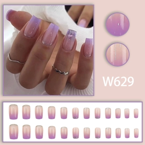Purple gradient press-on nails with silver glitter French tips, square shape 24pcs set
