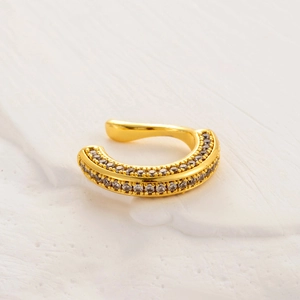 Fashionable C-shaped cartilage ear cuff with double-row pavé zircon in gold plating