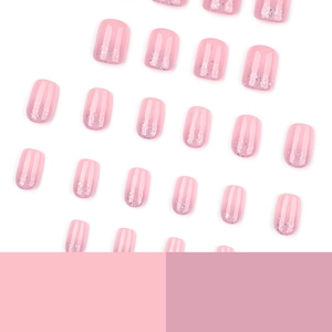 Short square press-on nails with pink gradient and silver glitter french tips