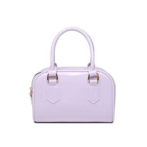 Detail of light purple glossy patent leather Boston bag with elegant gold hardware