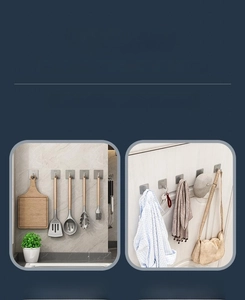 Detail of self-adhesive 304 stainless steel hooks used for kitchenware and hanging clothes