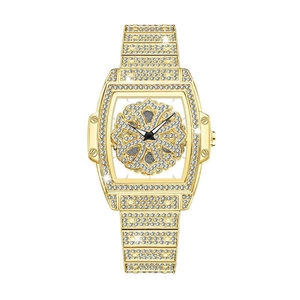 Luxurious gold tonneau watch with rotating floral dial and full rhinestone embellishments