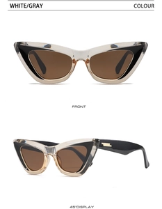 Front and 45-degree angle views of two-tone cat eye sunglasses with gray frames