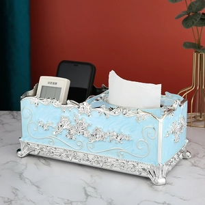 Light blue marble texture tissue box with silver floral carving and remote storage