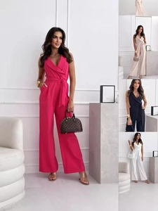 Sleeveless V-Neck Lapel Jumpsuit Polyester Elegant High Waist Tie Wide Leg Long Pants For Women