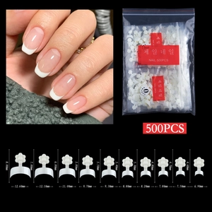 500pcs French half-cover nail tips set in 10 sizes with detailed dimension parameters