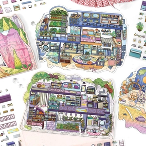 Creative 2.5D indoor scene stickers with detailed miniature room illustrations and landscape